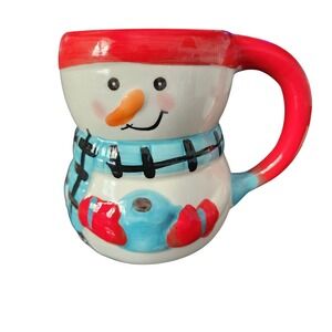Bay Island Snowman Ceramic Coffee Mug 3D Sculpted Holiday Christmas Red Blue